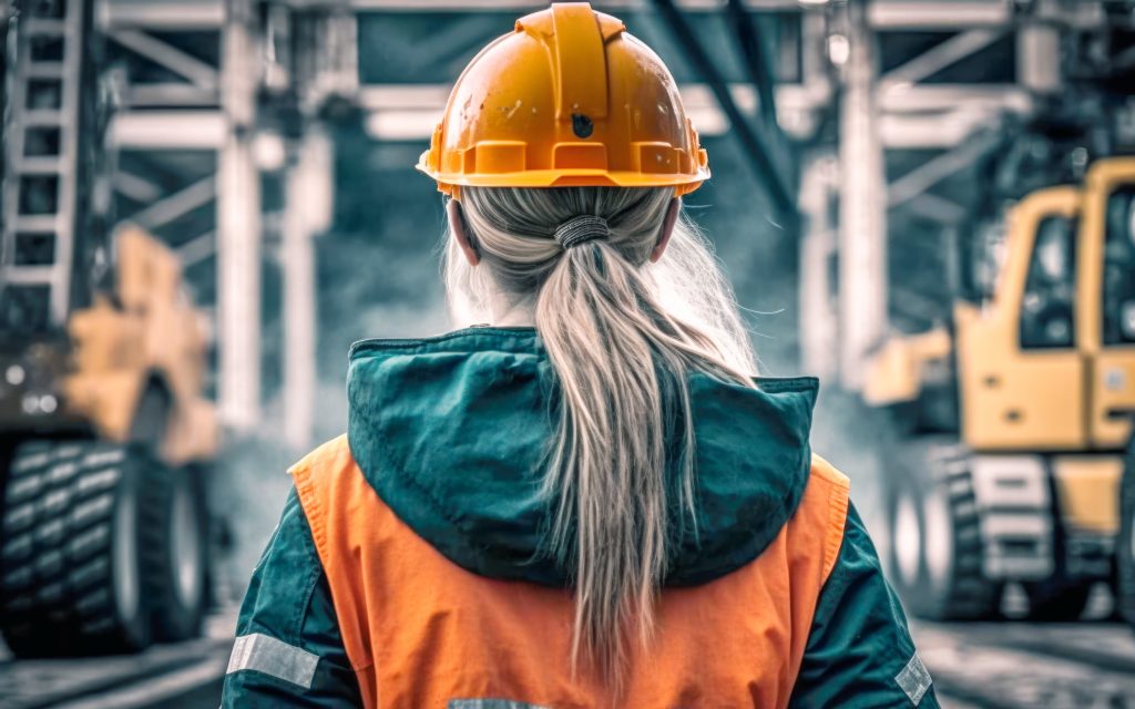 A young female worker wearing a protective helmet and safety gear on a construction site. AI generative